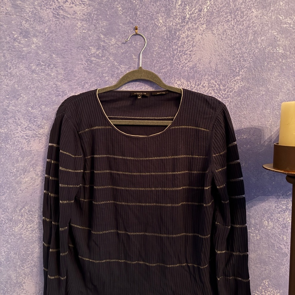 Blue and Silver Mesh Striped Long Sleeve Top